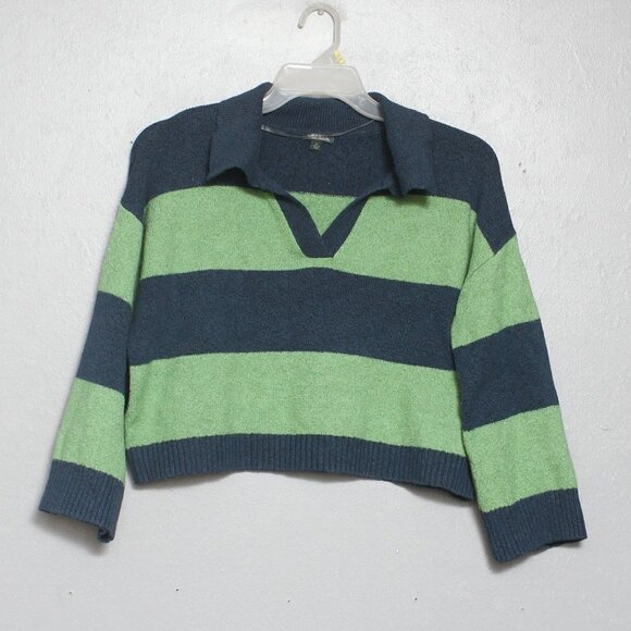 Wild fable green blue stripe collar v neck crop sweater - Picture 1 of 5
